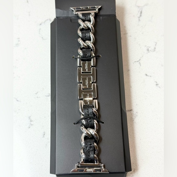 COACH Women's Silver-Tone Black Leather Chain Link Bracelet for Apple Watch - Picture 2 of 7